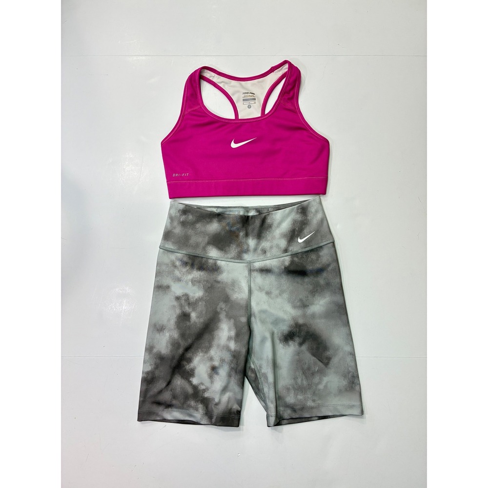 Nike Bundle Womens Dri-FIT Sports Bra & Tie Dye Biker Shorts Set Pink Gray Small